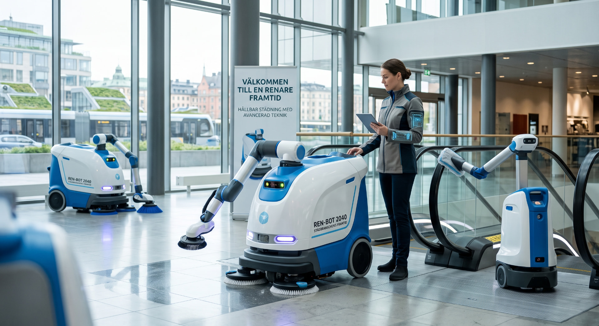 Framtidens lokalvård med autonoma städrobotar i en modern byggnad i Göteborg