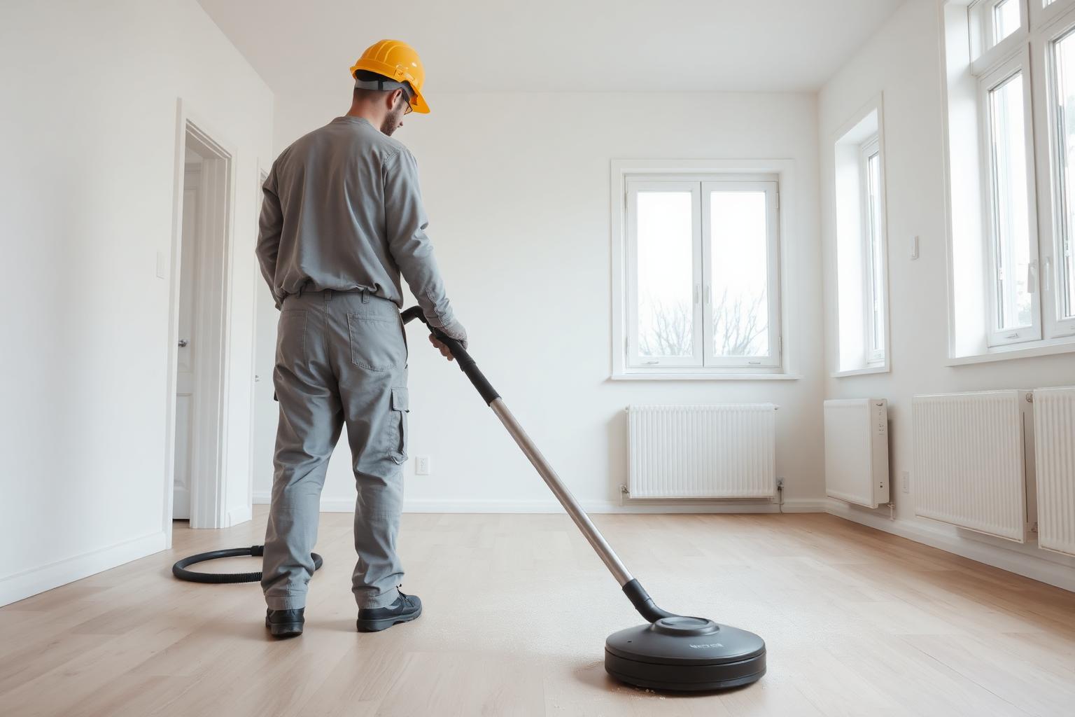 Lokalvårdare dammsuger ett nystädat rum efter renovering i Göteborg