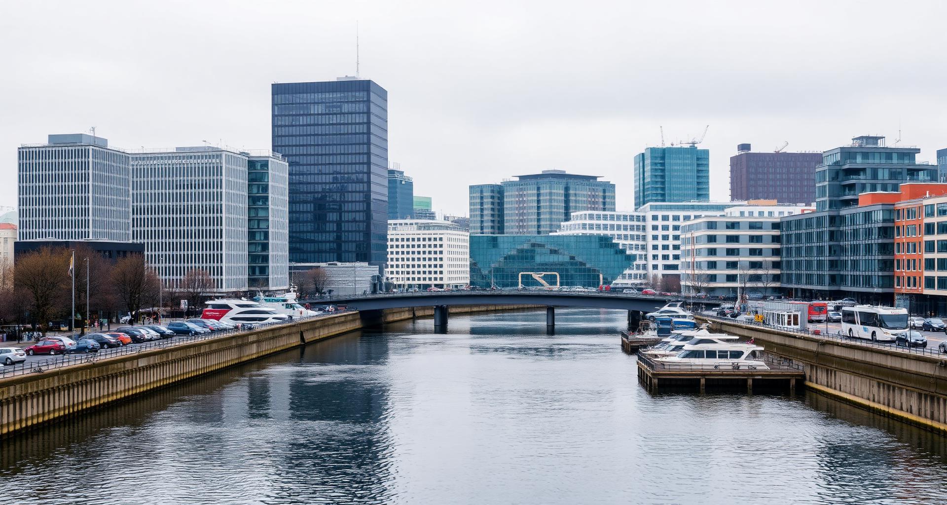 Göteborgs stadsvy med moderna kontorshus vid vattnet