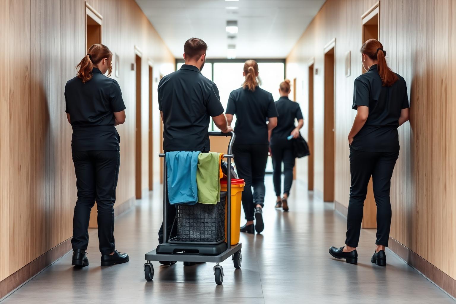 Städpersonal med städvagn i en kontorskorridor