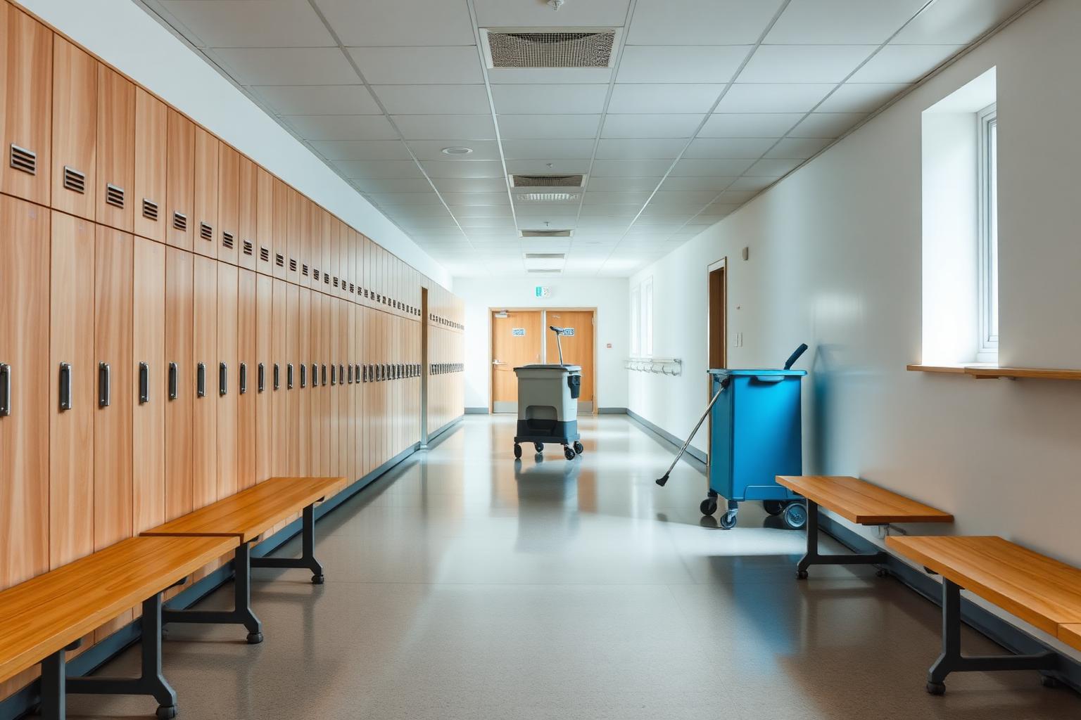 Nystädad skolkorridor med skåp och blank golvyta